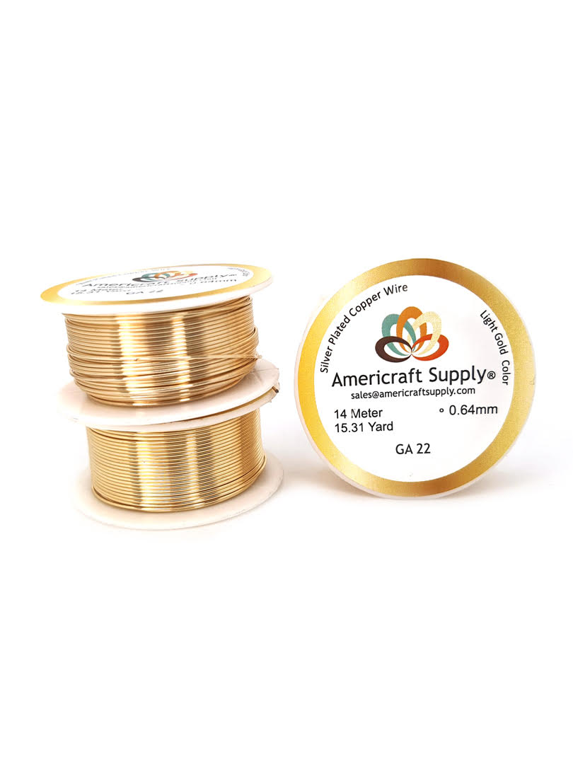 Light Gold Color. Ga 14-16-18-20-22-24-26-28-30-32 Color similar to 14K gold. Does not tarnish. Brand Americraft Supply® Similar color gold 14K