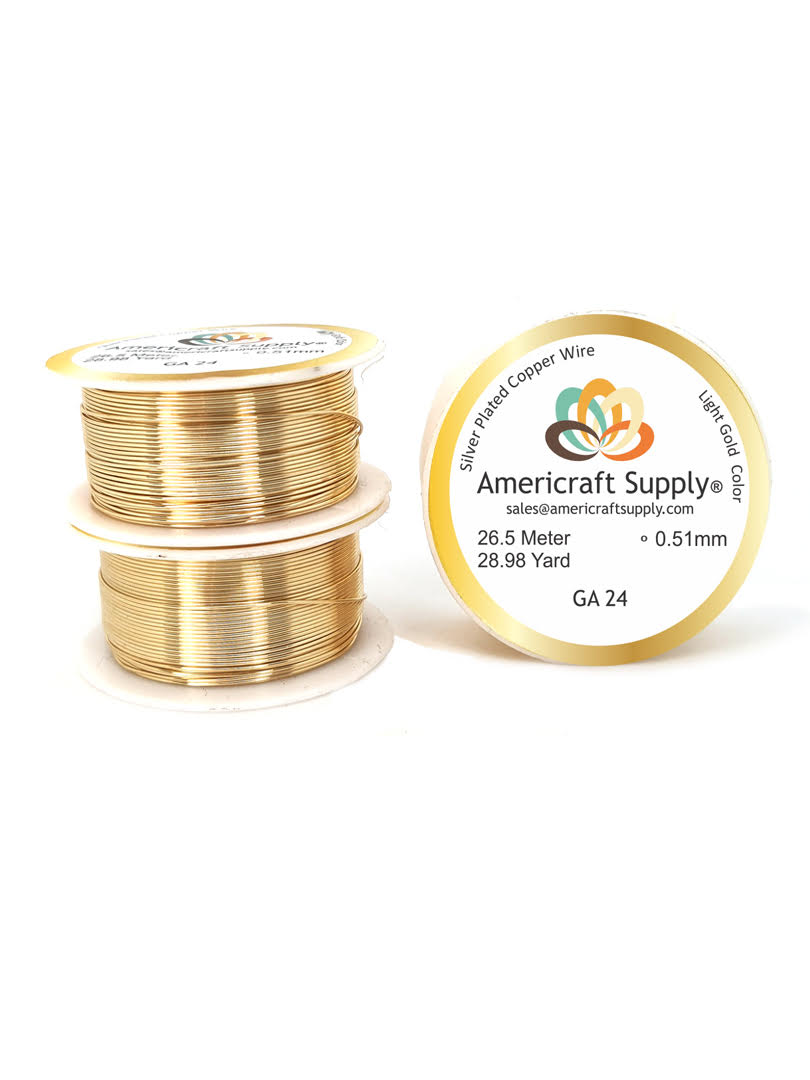 Light Gold Color. Ga 14-16-18-20-22-24-26-28-30-32 Color similar to 14K gold. Does not tarnish. Brand Americraft Supply® Similar color gold 14K