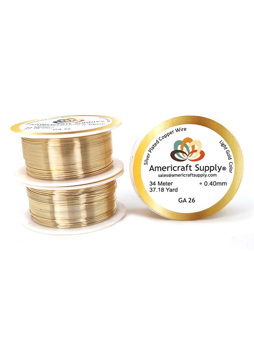 Light Gold Color. Ga 14-16-18-20-22-24-26-28-30-32 Color similar to 14K gold. Does not tarnish. Brand Americraft Supply® Similar color gold 14K