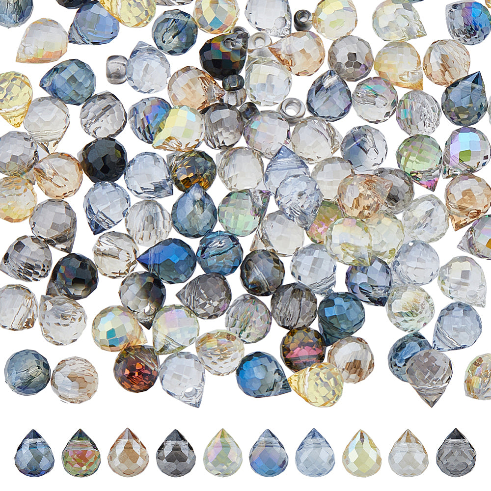 Faceted crystal drops with a clear electroplated finish, assorted colors, 6 x 5 x 5 mm
