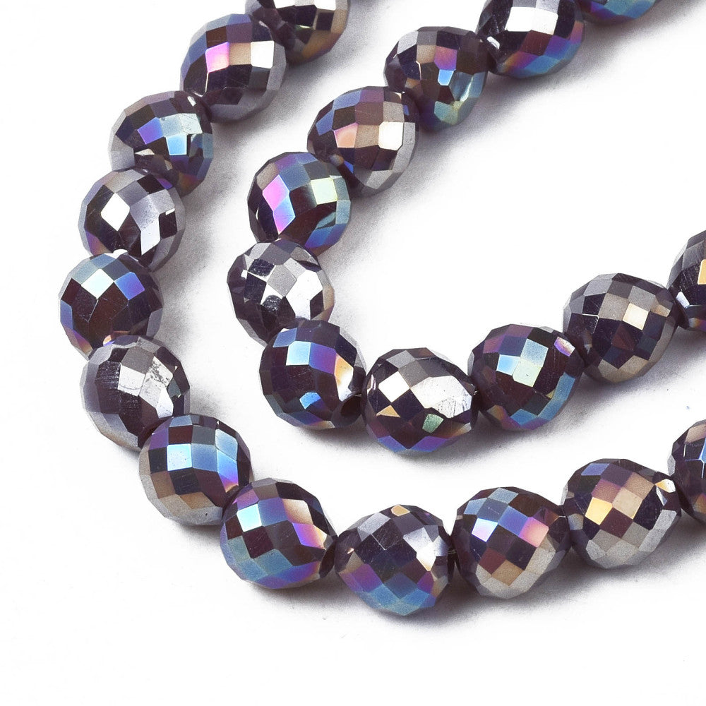 Strands of solid-colored glass beads with an electroplated finish (AB effect), faceted, strawberry-shaped, assorted colors, 6x6 mm
