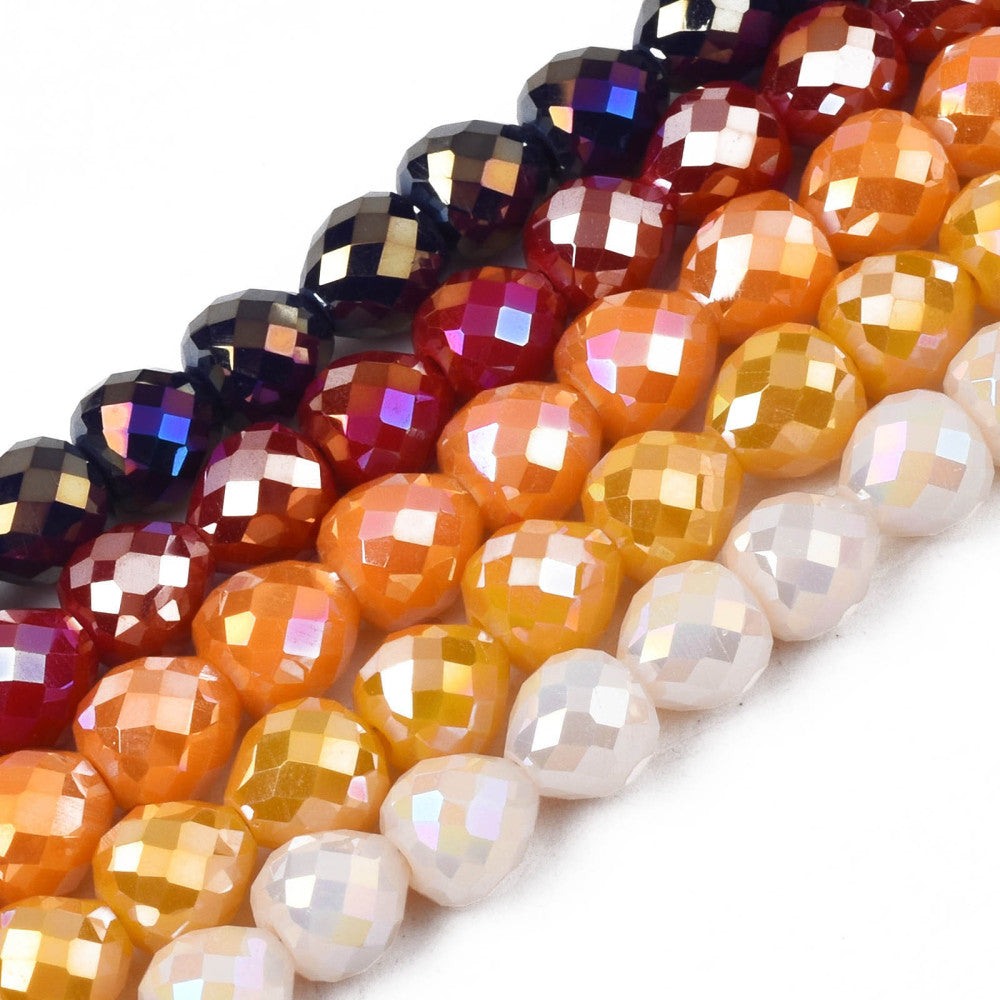 Strands of solid-colored glass beads with an electroplated finish (AB effect), faceted, strawberry-shaped, assorted colors, 6x6 mm
