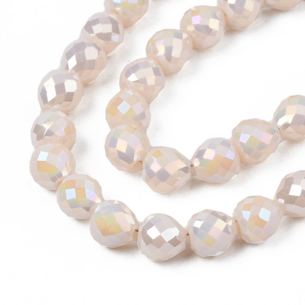 Strands of solid-colored glass beads with an electroplated finish (AB effect), faceted, strawberry-shaped, assorted colors, 6x6 mm