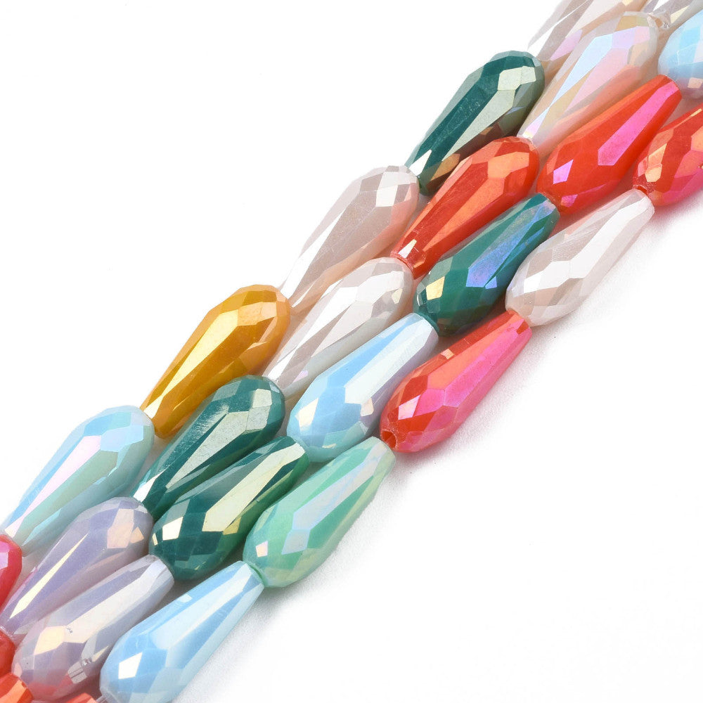 Strands of faceted, multicolored glass teardrop beads with a galvanized (AB effect) finish; dimensions: 14.5–15.5 x 6 mm; hole size: 1 mm