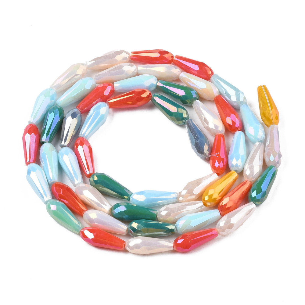 Strands of faceted, multicolored glass teardrop beads with a galvanized (AB effect) finish; dimensions: 14.5–15.5 x 6 mm; hole size: 1 mm