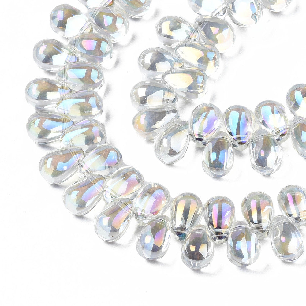 Electroplate Transparent Glass Beads, AB Color Plated, Teardrop, Clear AB, 9x6x6mm