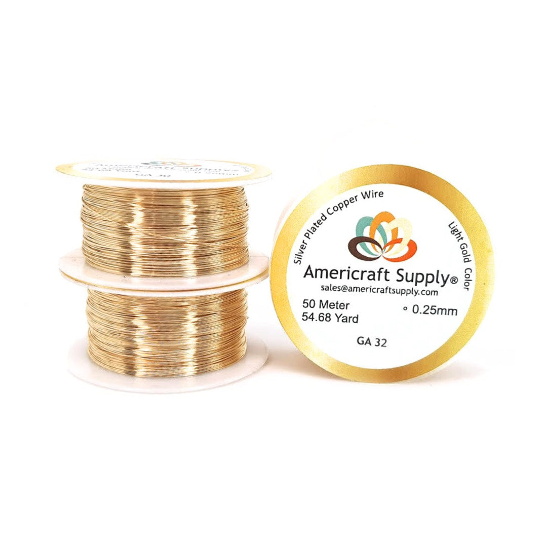 Light Gold Color. Ga 14-16-18-20-22-24-26-28-30-32 Color similar to 14K gold. Does not tarnish. Brand Americraft Supply® Similar color gold 14K