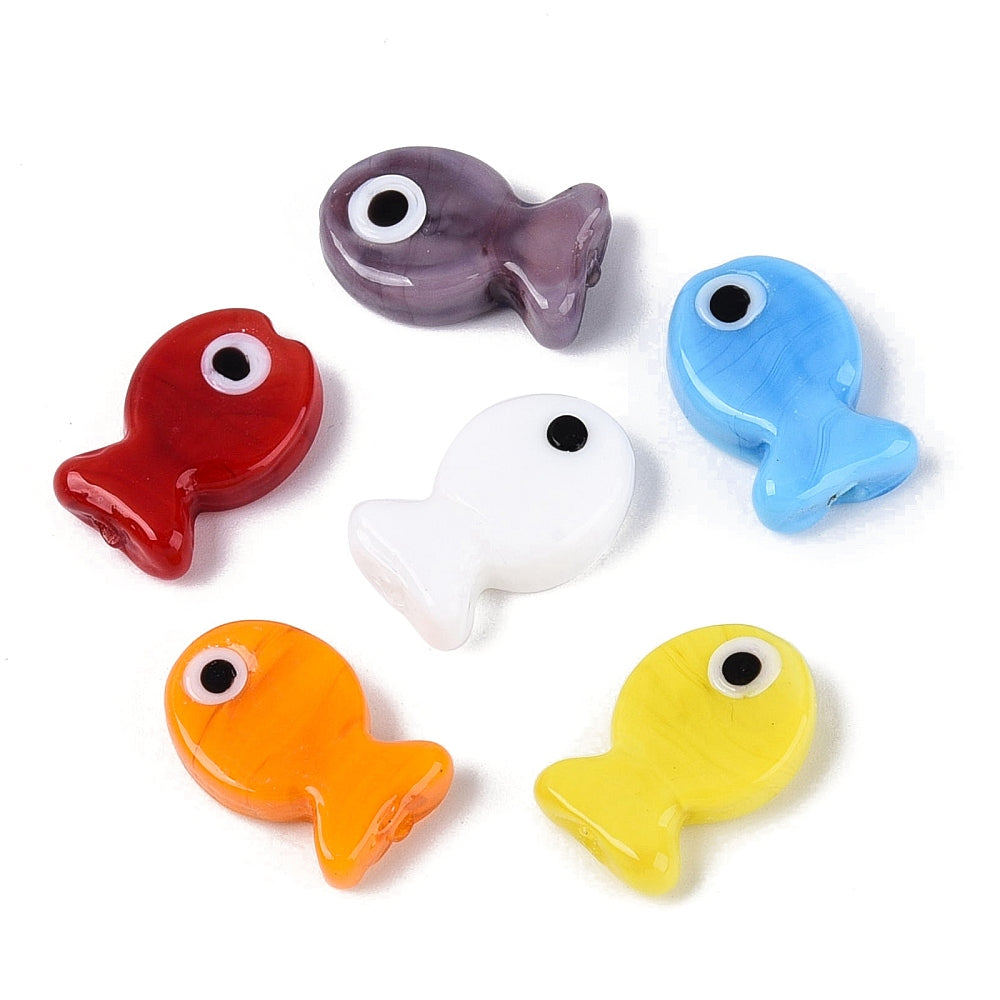 Fish-shaped glass beads, assorted colors.