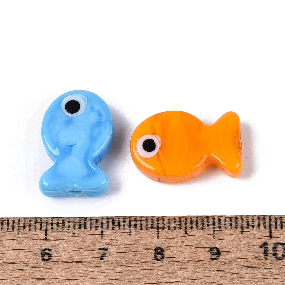 Fish-shaped glass beads, assorted colors.