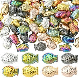 Fish-shaped glass beads, fully metallized, matte finish, handmade using the lampwork technique, assorted colors.