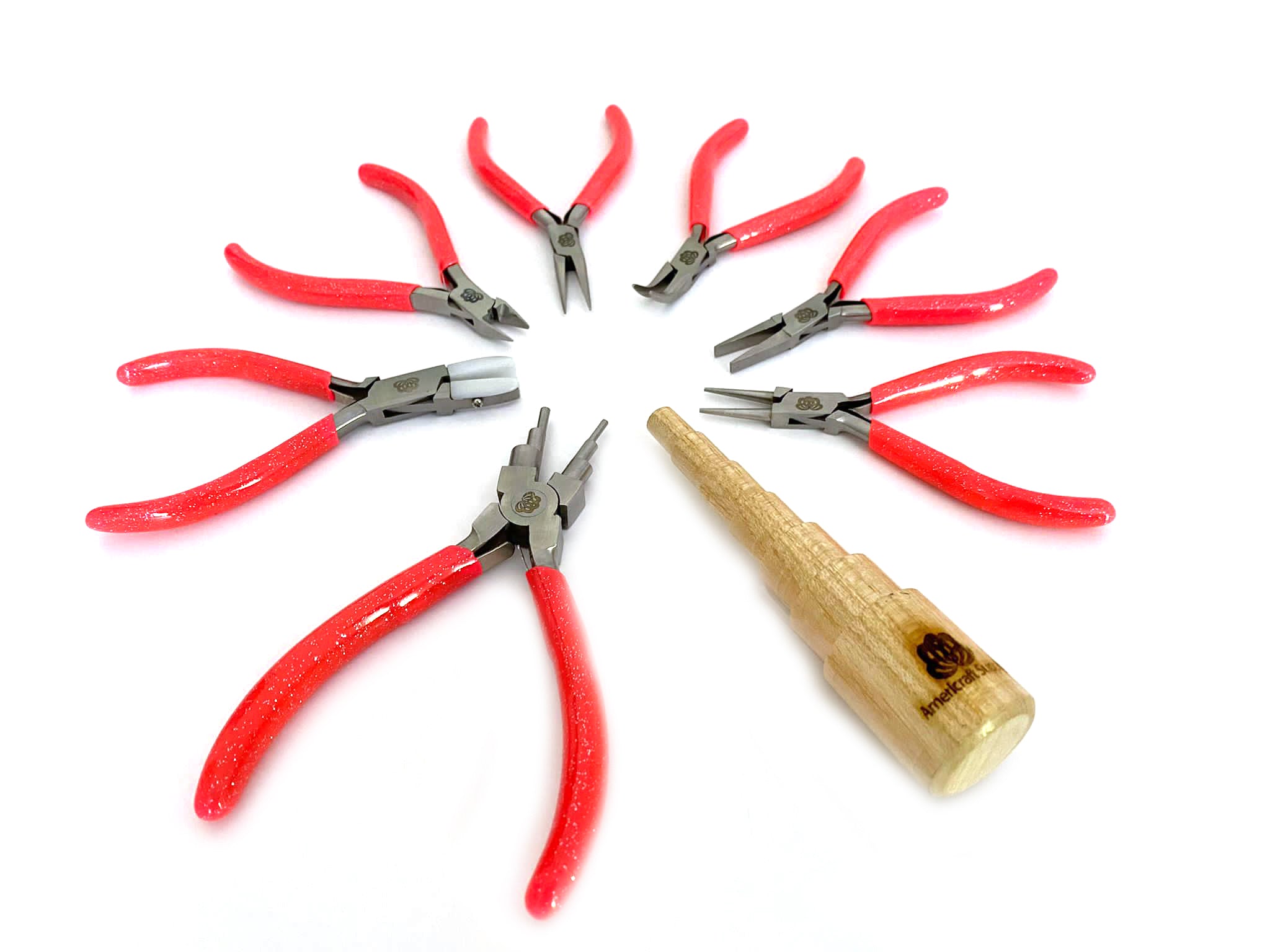 Set of basic pliers for jewelry 9 pcs - Pink Clutch Pink Glitter Handle