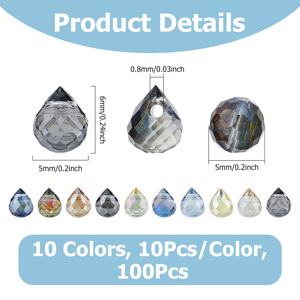 Faceted crystal drops with a clear electroplated finish, assorted colors, 6 x 5 x 5 mm