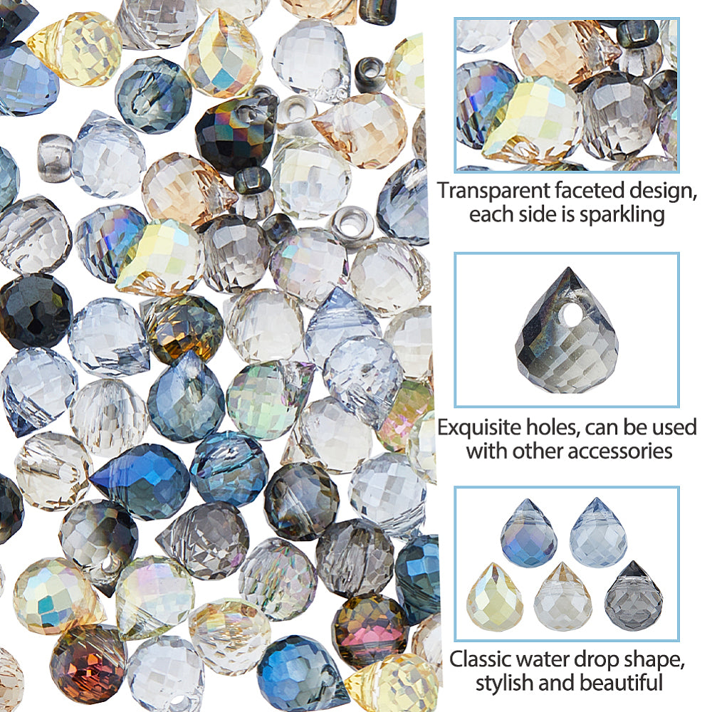 Faceted crystal drops with a clear electroplated finish, assorted colors, 6 x 5 x 5 mm