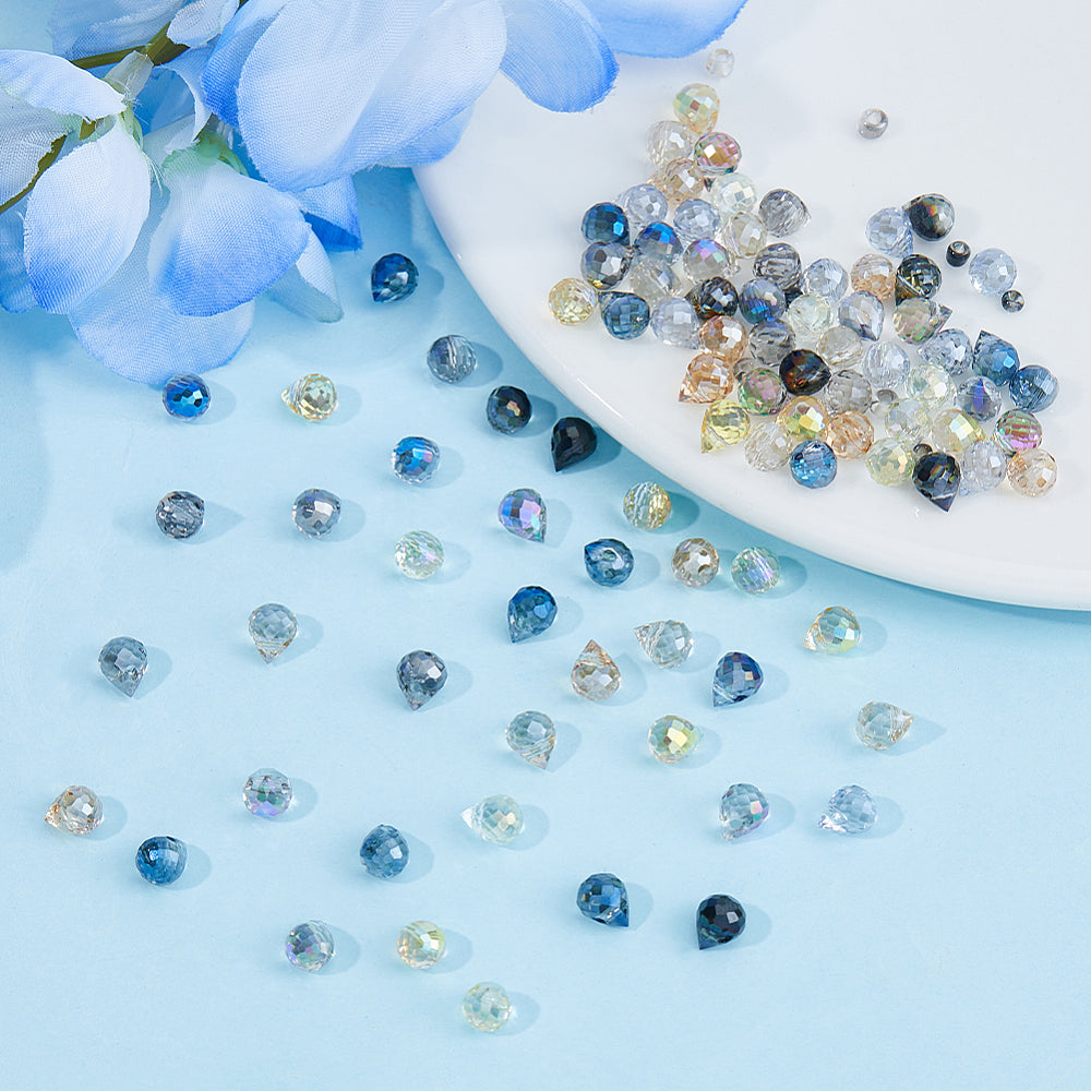 Faceted crystal drops with a clear electroplated finish, assorted colors, 6 x 5 x 5 mm