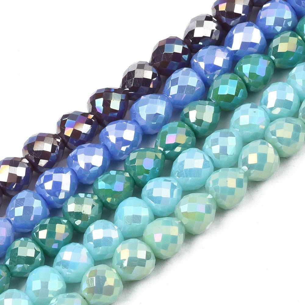Strands of solid-colored glass beads with an electroplated finish (AB effect), faceted, strawberry-shaped, assorted colors, 6x6 mm