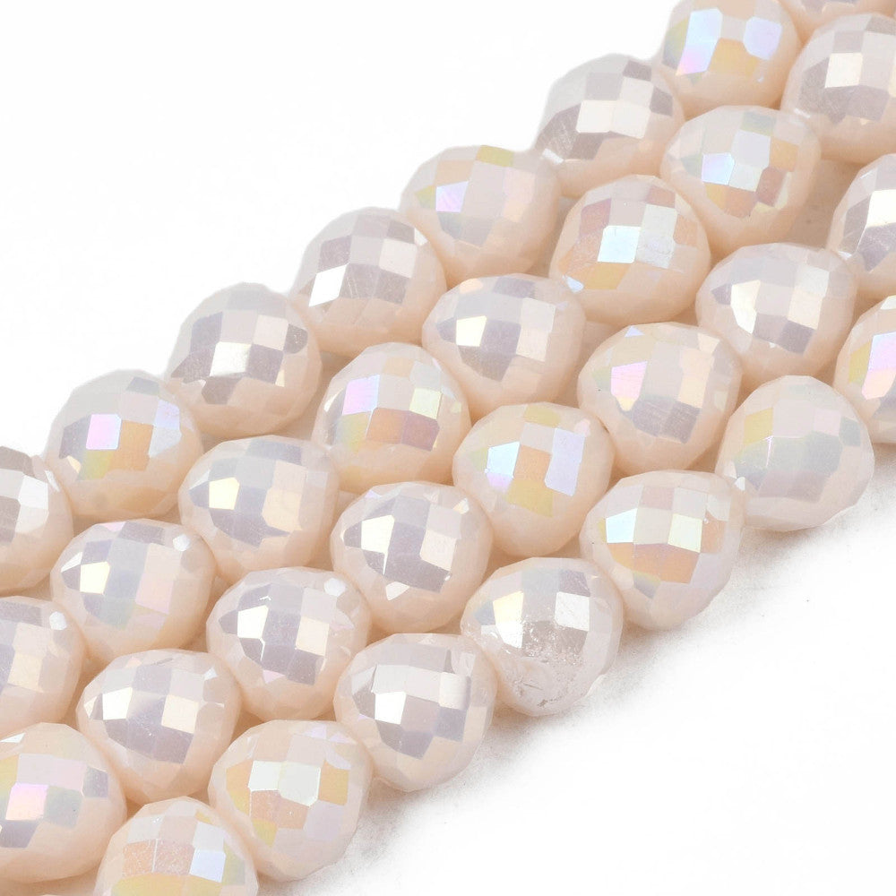 Strands of solid-colored glass beads with an electroplated finish (AB effect), faceted, strawberry-shaped, assorted colors, 6x6 mm