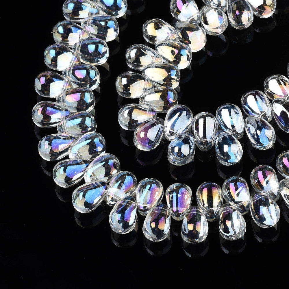 Electroplate Transparent Glass Beads, AB Color Plated, Teardrop, Clear AB, 9x6x6mm