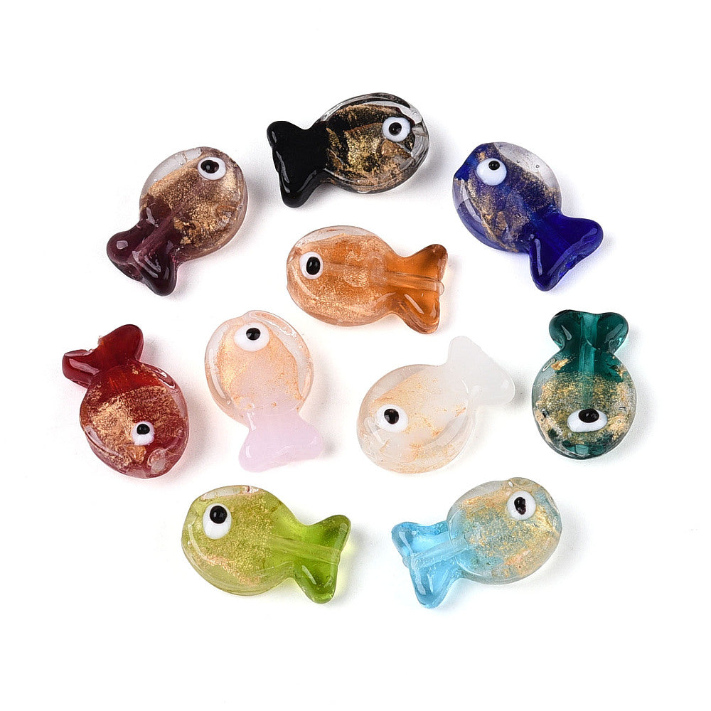 Fish-shaped glass beads, assorted colors.
