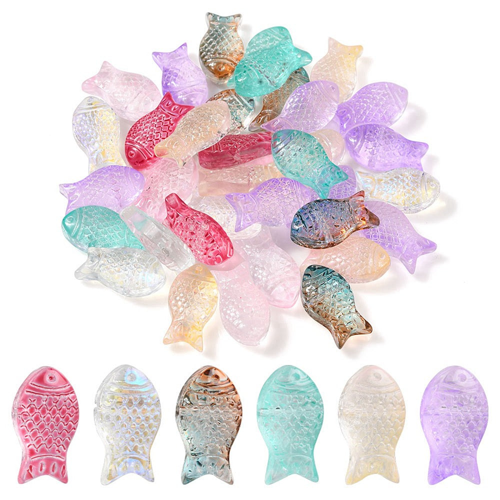 Fish-shaped glass beads, assorted colors.