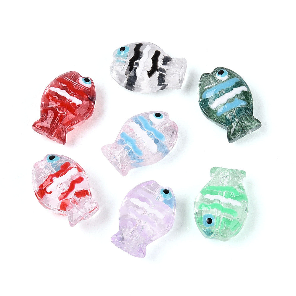 Fish-shaped glass beads, assorted colors.