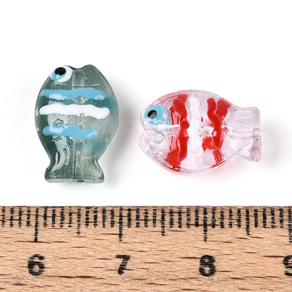 Fish-shaped glass beads, assorted colors.
