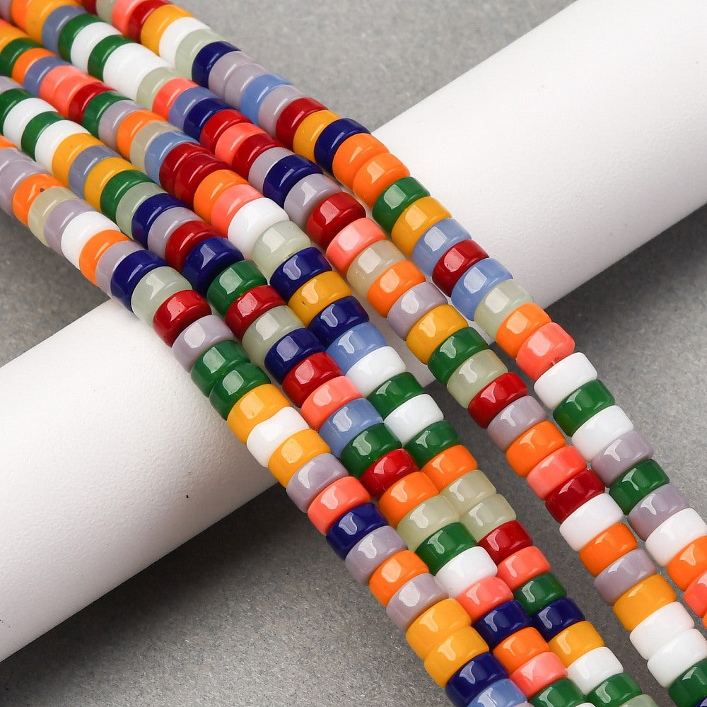 Glass Beads Strands, Flat Round, Colorful, 6~7x3~4mm