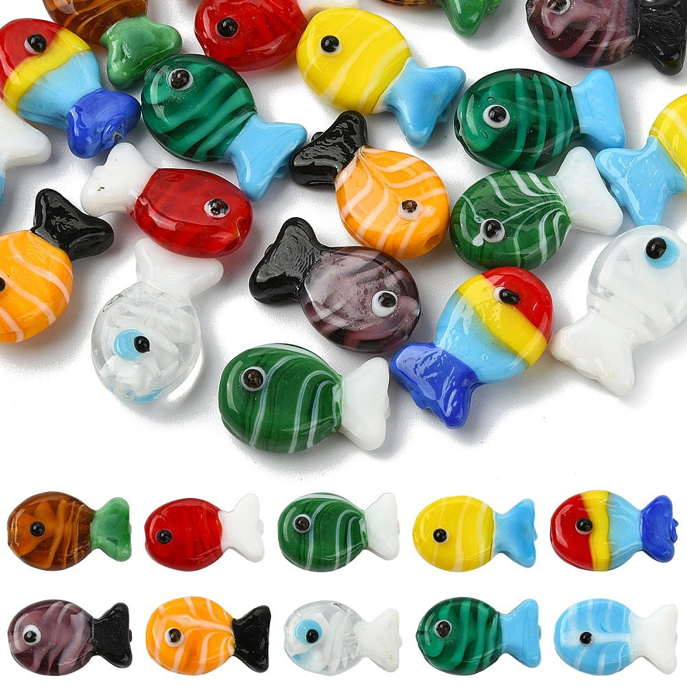 Fish-shaped glass beads, assorted colors.