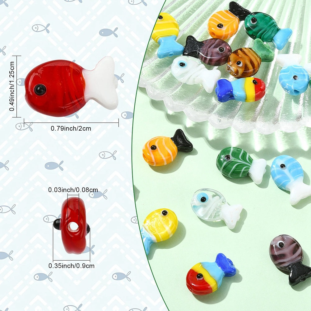 Fish-shaped glass beads, assorted colors.