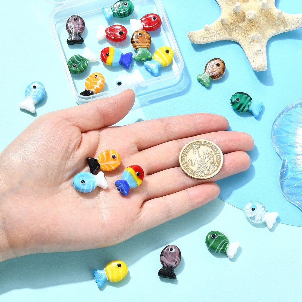 Fish-shaped glass beads, assorted colors.