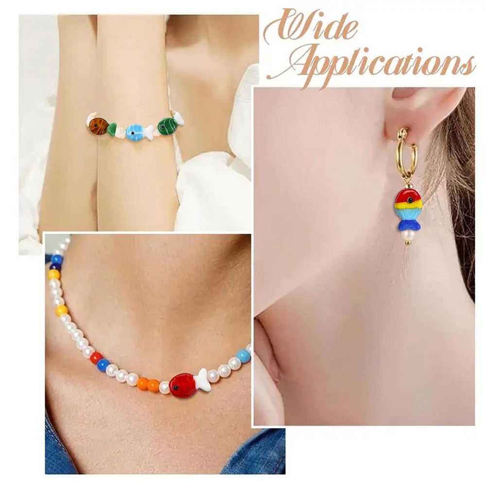 Fish-shaped glass beads, assorted colors.
