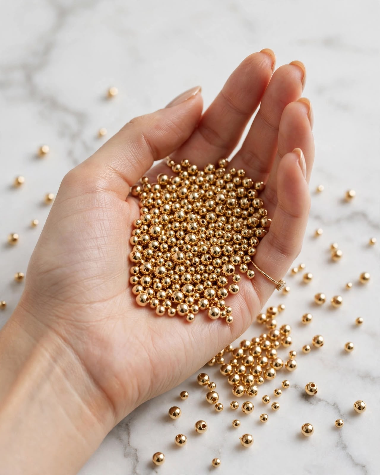 Round beads for jewelry making. High-quality 18-karat gold color. (3, 4, 5, and 8 mm).