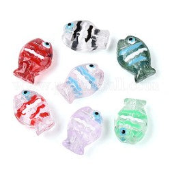 Fish-shaped glass beads, fully metallized, matte finish, handmade using the lampwork technique, assorted colors.